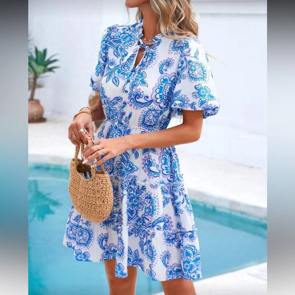 Blue and white floral print dress